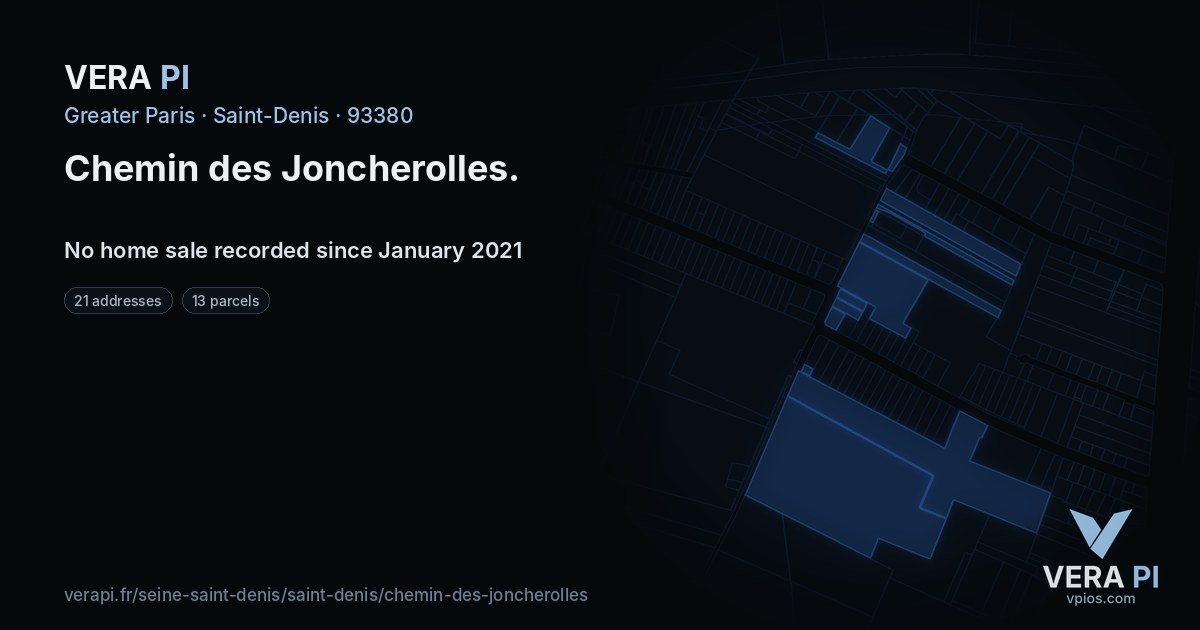Chemin des Joncherolles, Saint-Denis at night – every parcel coloured by the prices around it, the street's own parcels lit