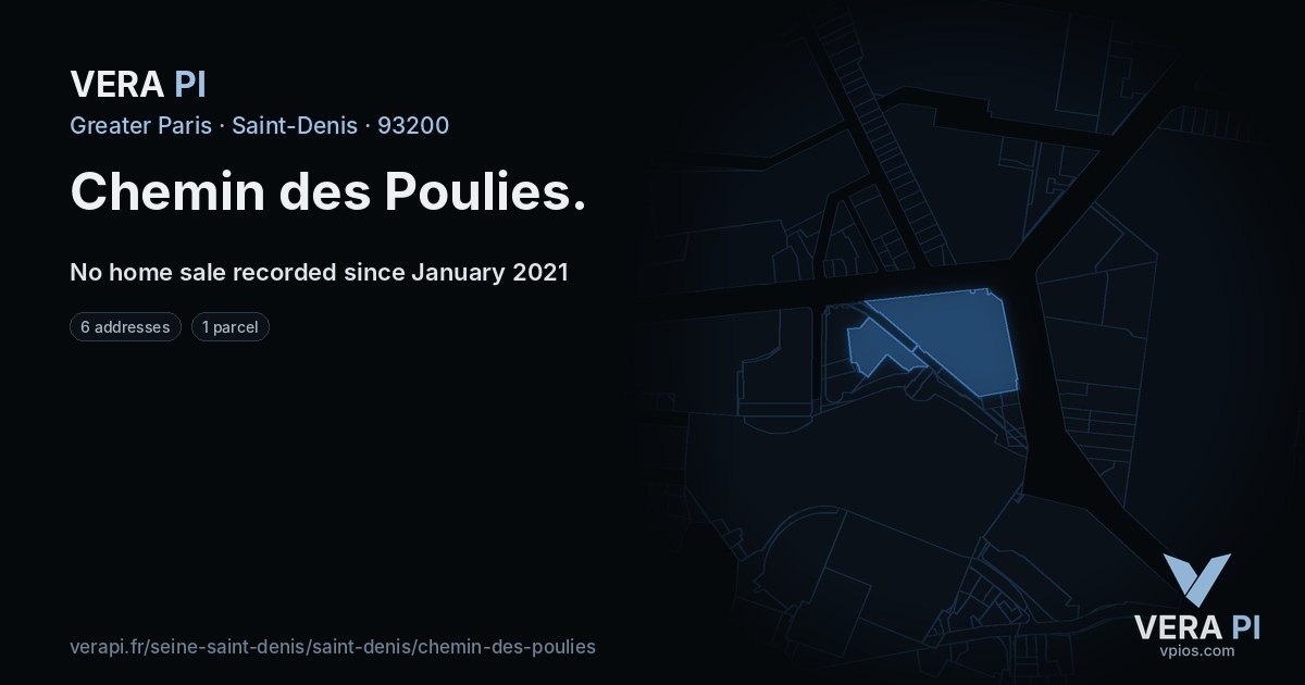Chemin des Poulies, Saint-Denis at night – every parcel coloured by the prices around it, the street's own parcels lit