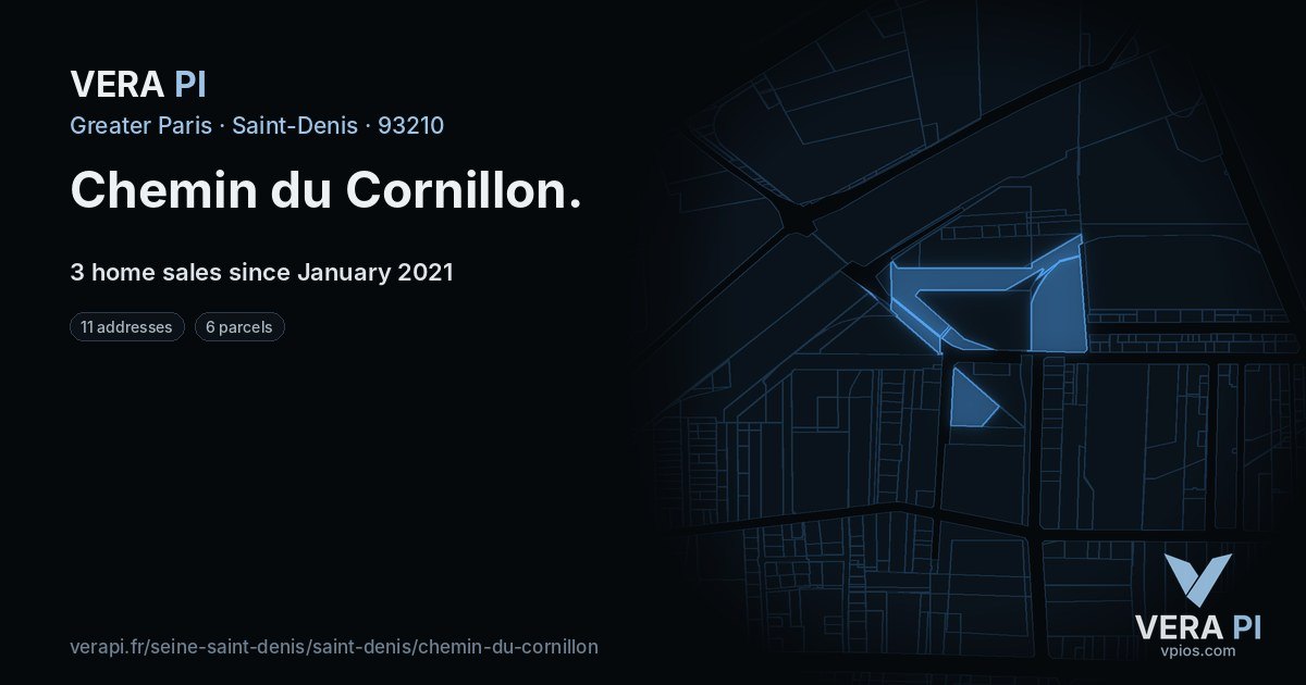 Chemin du Cornillon, Saint-Denis at night – every parcel coloured by the prices around it, the street's own parcels lit