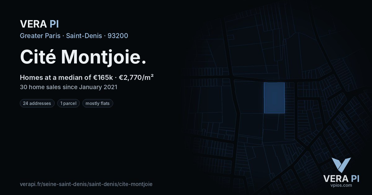 Cité Montjoie, Saint-Denis at night – every parcel coloured by the prices around it, the street's own parcels lit