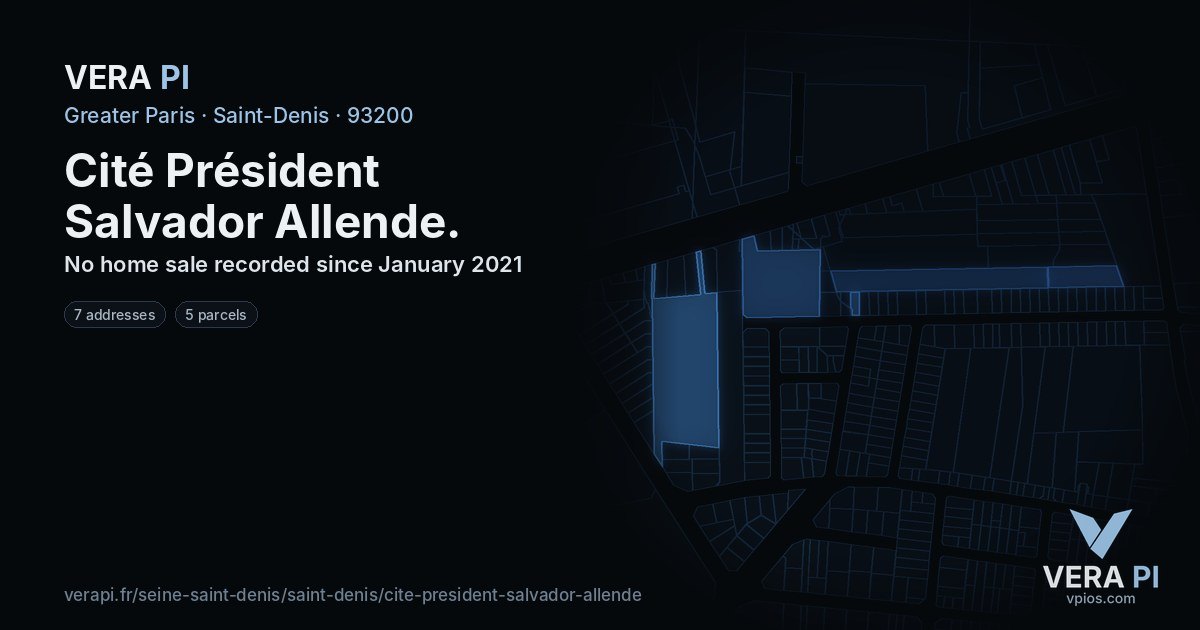 Cité Président Salvador Allende, Saint-Denis at night – every parcel coloured by the prices around it, the street's own parcels lit