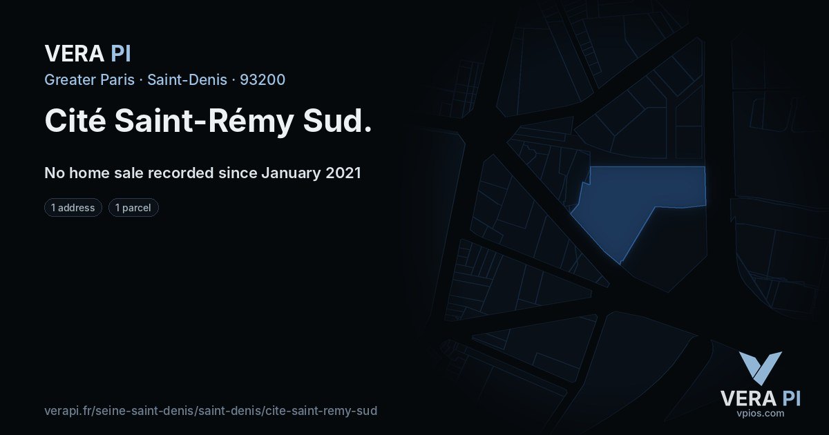 Cité Saint-Rémy Sud, Saint-Denis at night – every parcel coloured by the prices around it, the street's own parcels lit