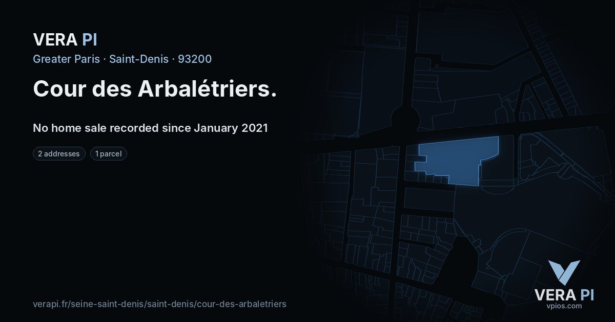 Cour des Arbalétriers, Saint-Denis at night – every parcel coloured by the prices around it, the street's own parcels lit