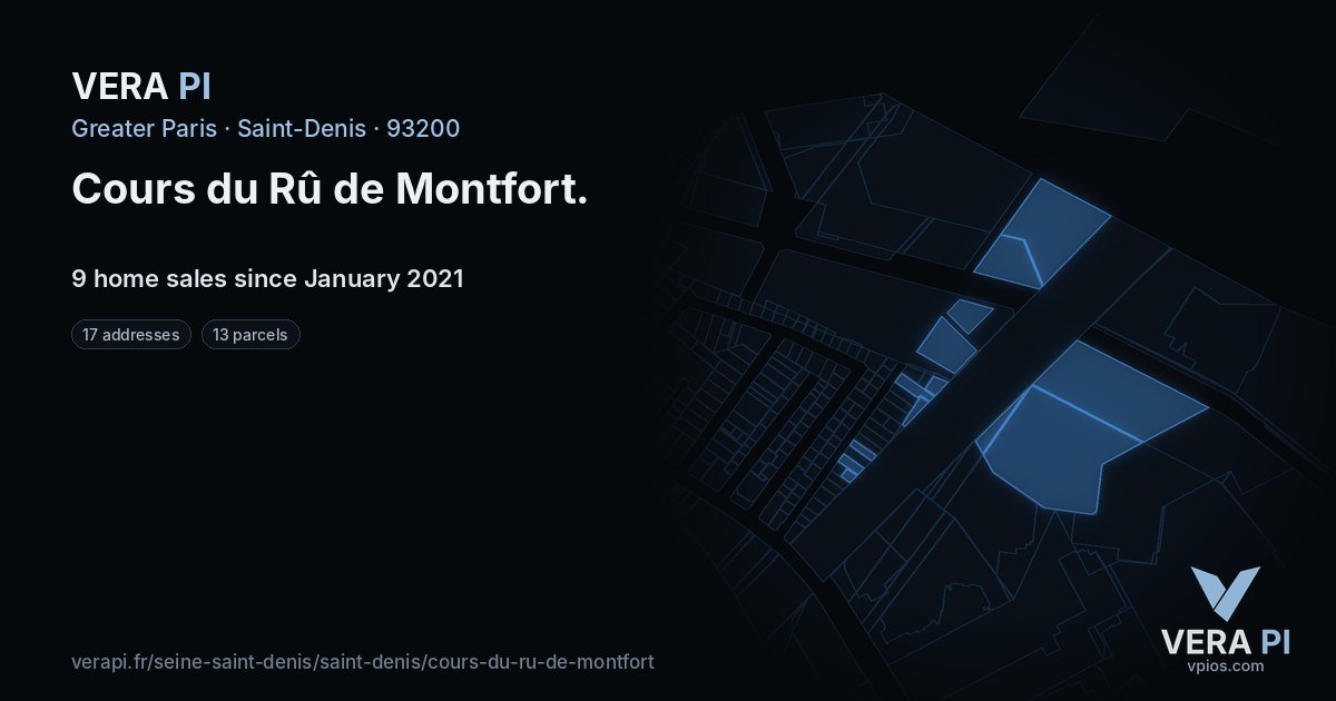Cours du Rû de Montfort, Saint-Denis at night – every parcel coloured by the prices around it, the street's own parcels lit