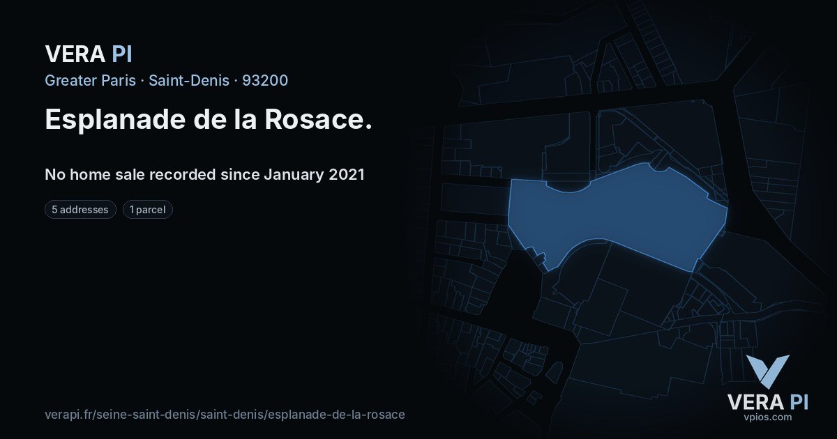 Esplanade de la Rosace, Saint-Denis at night – every parcel coloured by the prices around it, the street's own parcels lit
