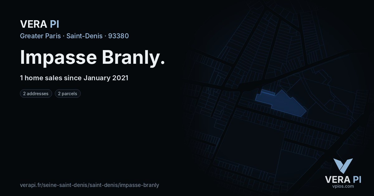 Impasse Branly, Saint-Denis at night – every parcel coloured by the prices around it, the street's own parcels lit