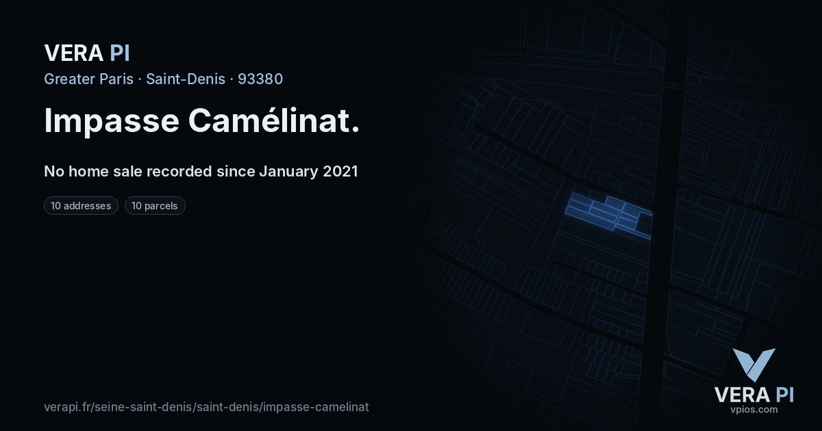 Impasse Camélinat, Saint-Denis at night – every parcel coloured by the prices around it, the street's own parcels lit
