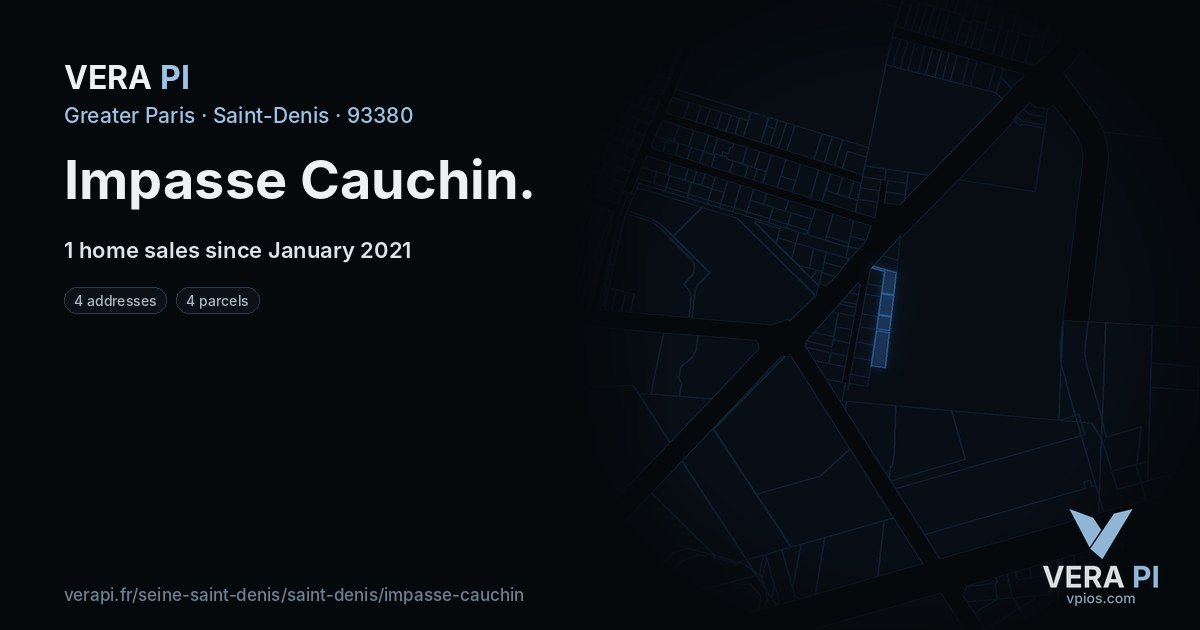 Impasse Cauchin, Saint-Denis at night – every parcel coloured by the prices around it, the street's own parcels lit