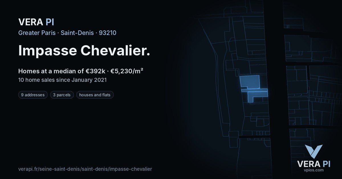 Impasse Chevalier, Saint-Denis at night – every parcel coloured by the prices around it, the street's own parcels lit