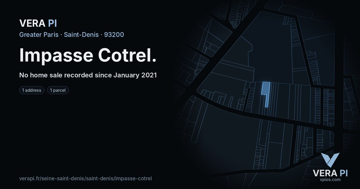 Impasse Cotrel, Saint-Denis at night – every parcel coloured by the prices around it, the street's own parcels lit