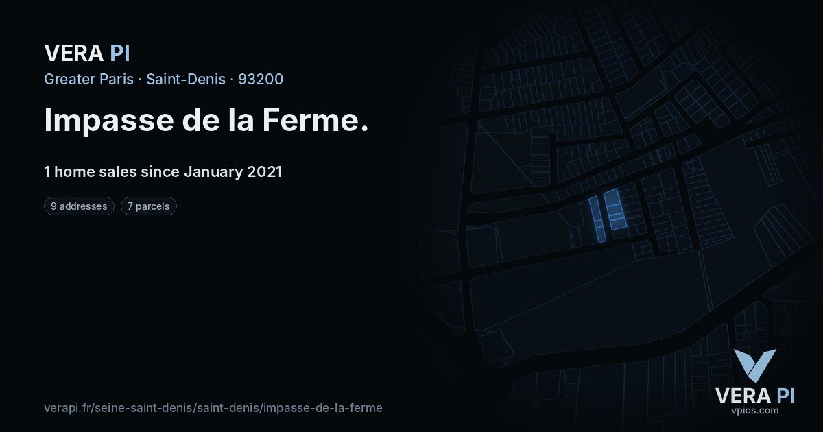 Impasse de la Ferme, Saint-Denis at night – every parcel coloured by the prices around it, the street's own parcels lit