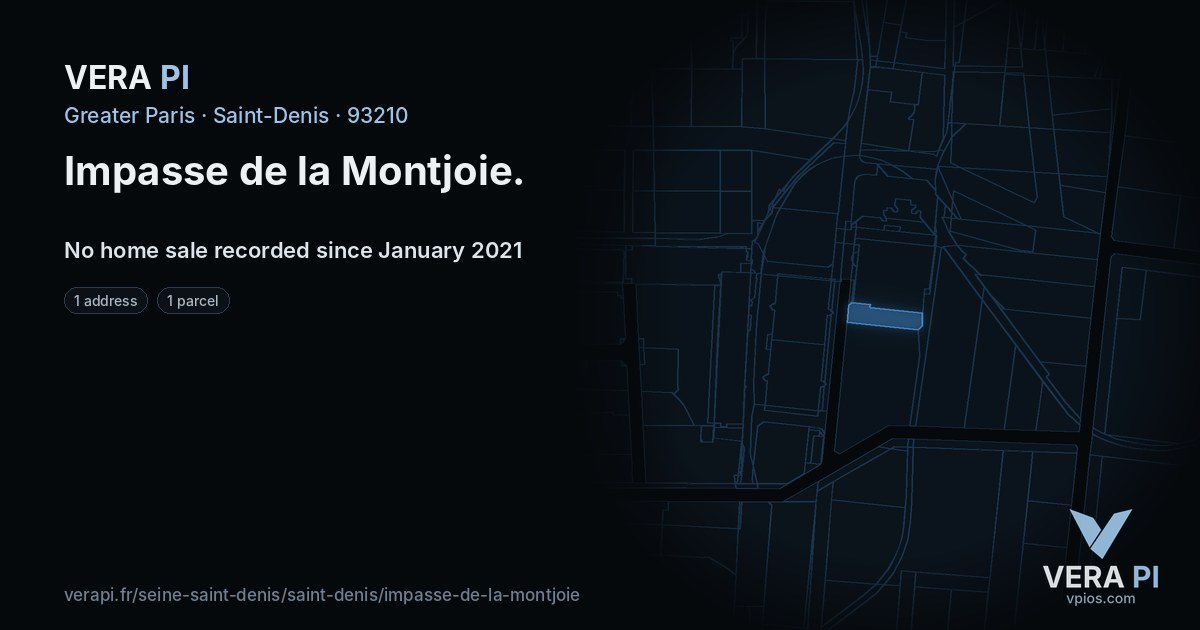 Impasse de la Montjoie, Saint-Denis at night – every parcel coloured by the prices around it, the street's own parcels lit