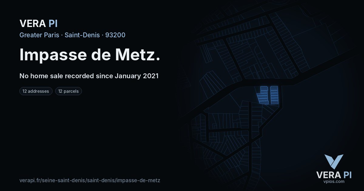 Impasse de Metz, Saint-Denis at night – every parcel coloured by the prices around it, the street's own parcels lit