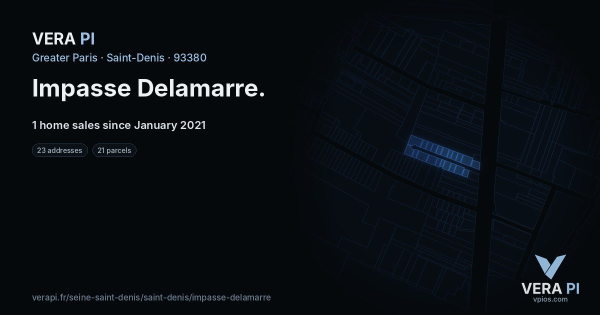 Impasse Delamarre, Saint-Denis at night – every parcel coloured by the prices around it, the street's own parcels lit
