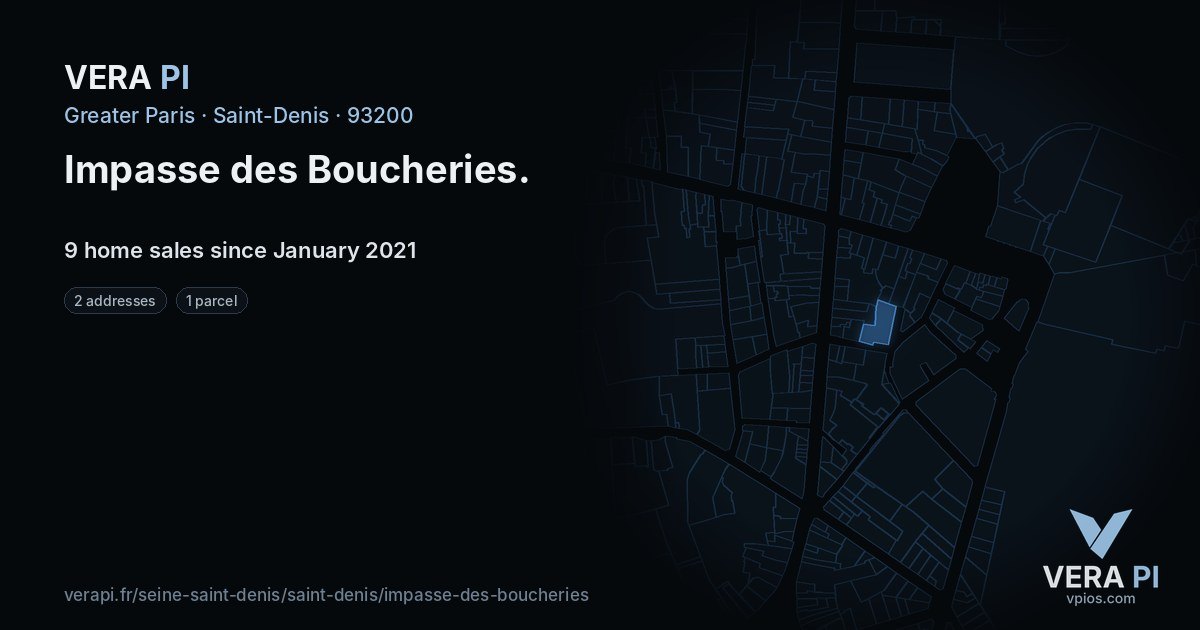 Impasse des Boucheries, Saint-Denis at night – every parcel coloured by the prices around it, the street's own parcels lit
