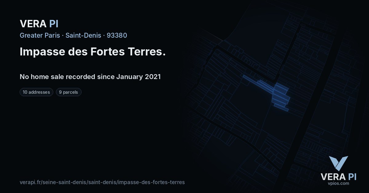 Impasse des Fortes Terres, Saint-Denis at night – every parcel coloured by the prices around it, the street's own parcels lit