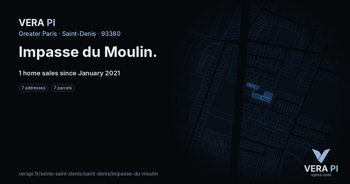 Impasse du Moulin, Saint-Denis at night – every parcel coloured by the prices around it, the street's own parcels lit