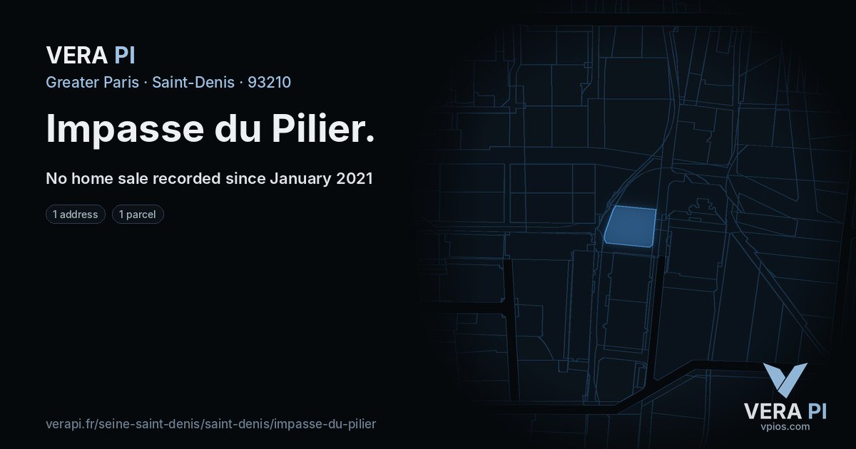 Impasse du Pilier, Saint-Denis at night – every parcel coloured by the prices around it, the street's own parcels lit