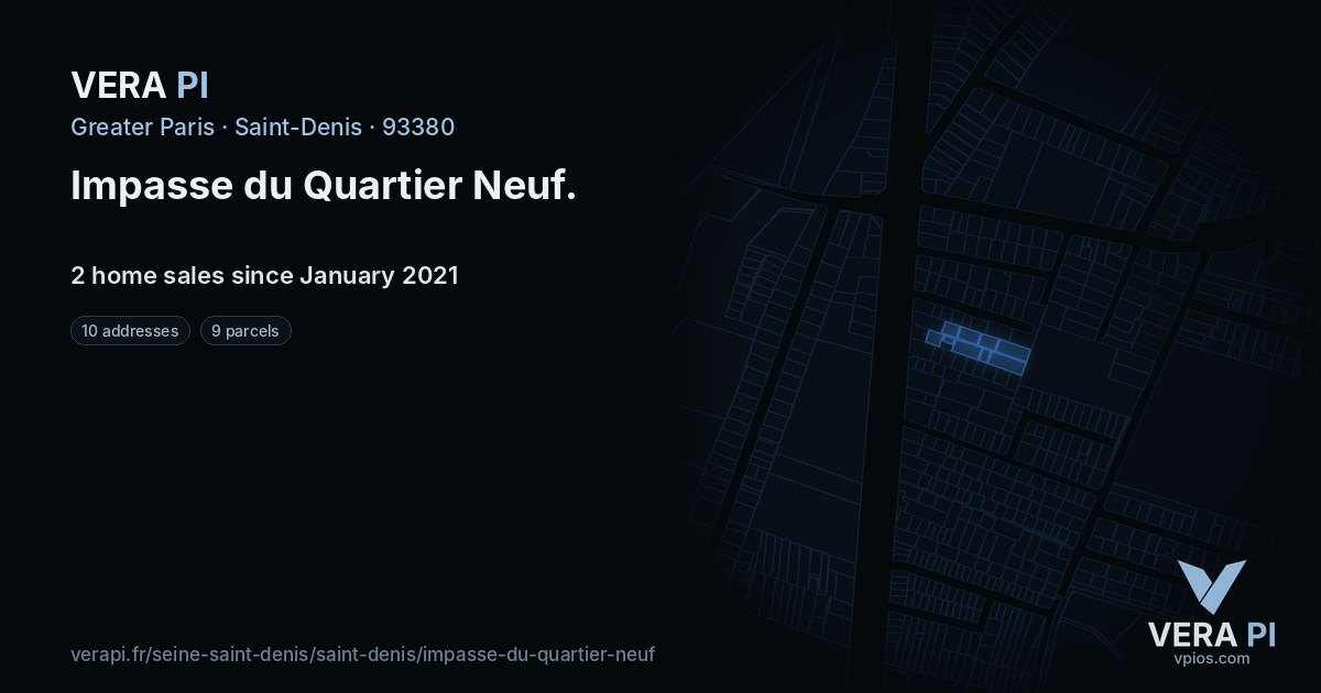 Impasse du Quartier Neuf, Saint-Denis at night – every parcel coloured by the prices around it, the street's own parcels lit