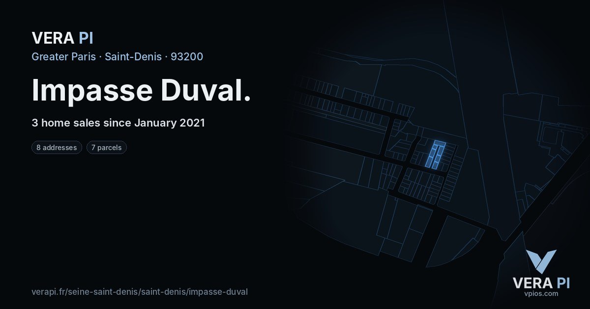 Impasse Duval, Saint-Denis at night – every parcel coloured by the prices around it, the street's own parcels lit