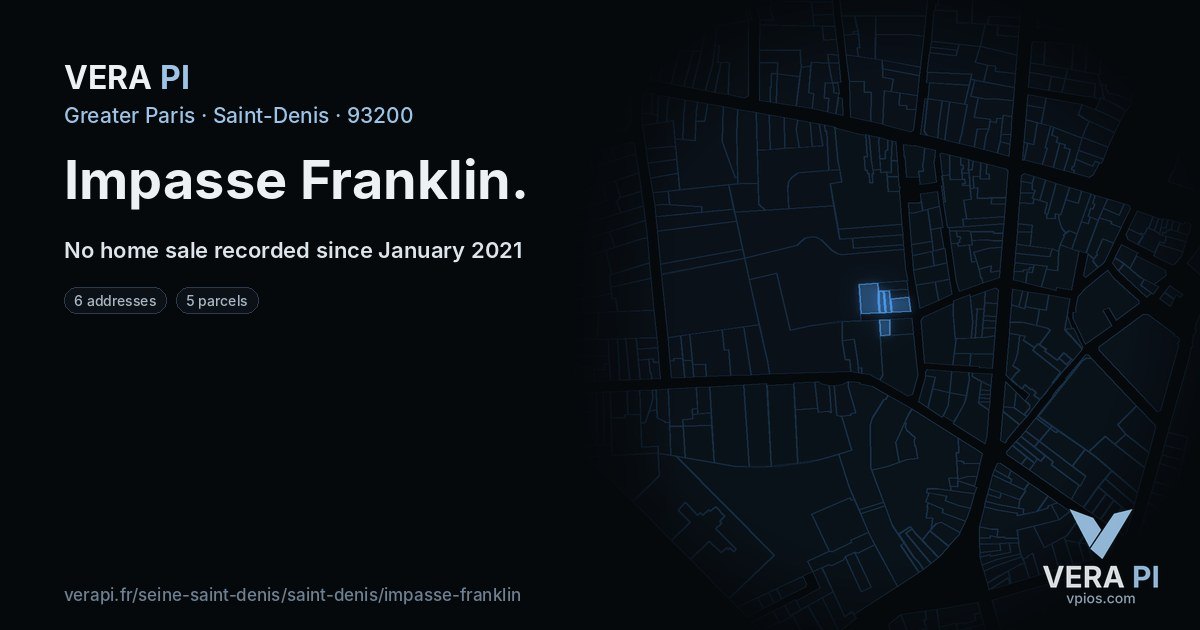 Impasse Franklin, Saint-Denis at night – every parcel coloured by the prices around it, the street's own parcels lit