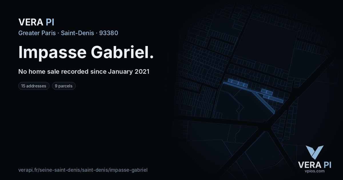 Impasse Gabriel, Saint-Denis at night – every parcel coloured by the prices around it, the street's own parcels lit