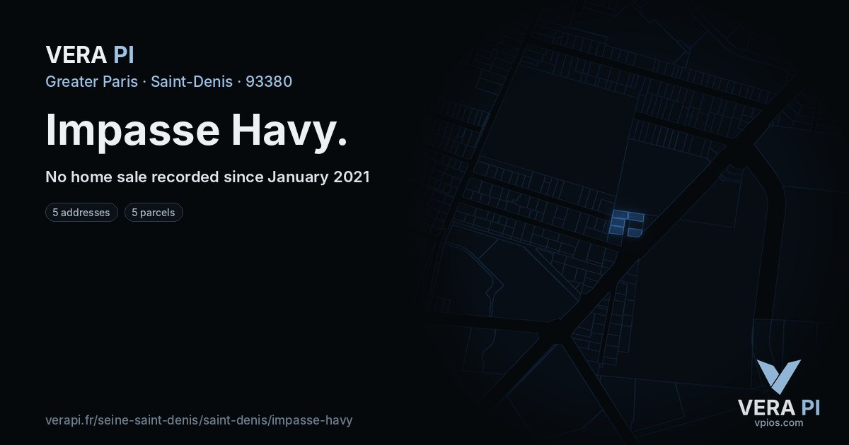 Impasse Havy, Saint-Denis at night – every parcel coloured by the prices around it, the street's own parcels lit