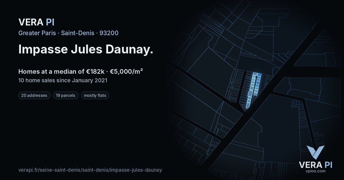 Impasse Jules Daunay, Saint-Denis at night – every parcel coloured by the prices around it, the street's own parcels lit