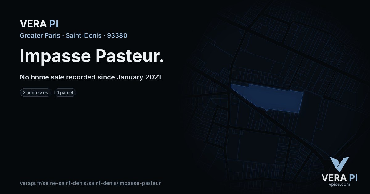 Impasse Pasteur, Saint-Denis at night – every parcel coloured by the prices around it, the street's own parcels lit
