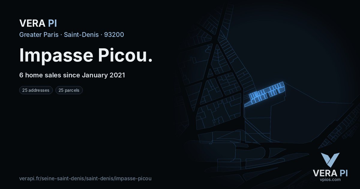 Impasse Picou, Saint-Denis at night – every parcel coloured by the prices around it, the street's own parcels lit