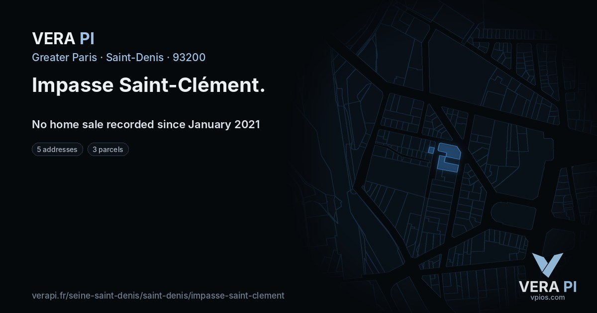 Impasse Saint-Clément, Saint-Denis at night – every parcel coloured by the prices around it, the street's own parcels lit