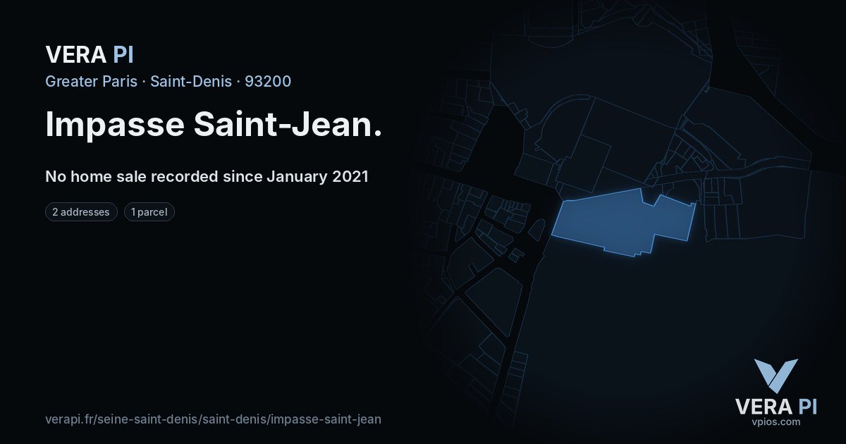 Impasse Saint-Jean, Saint-Denis at night – every parcel coloured by the prices around it, the street's own parcels lit