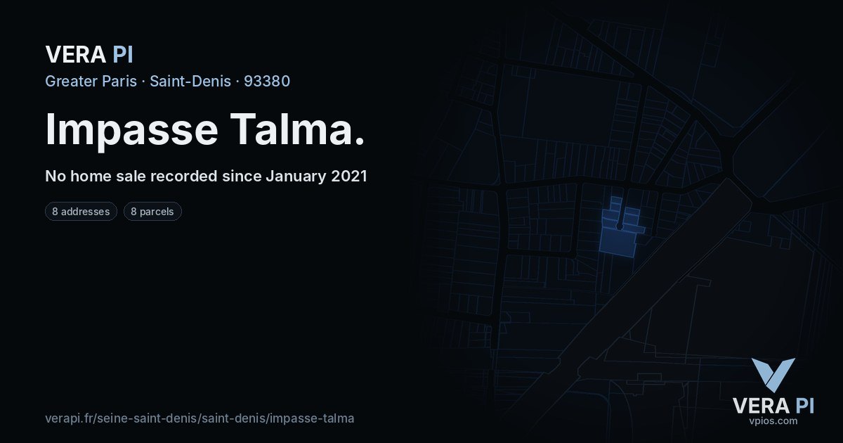 Impasse Talma, Saint-Denis at night – every parcel coloured by the prices around it, the street's own parcels lit