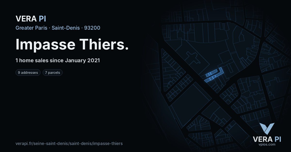 Impasse Thiers, Saint-Denis at night – every parcel coloured by the prices around it, the street's own parcels lit