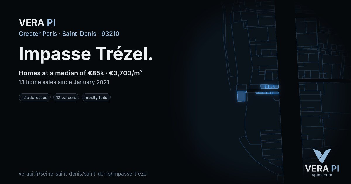 Impasse Trézel, Saint-Denis at night – every parcel coloured by the prices around it, the street's own parcels lit
