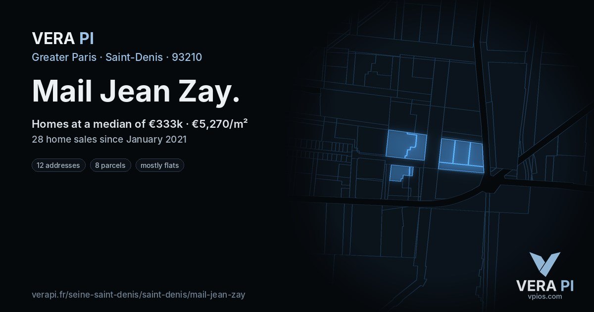 Mail Jean Zay, Saint-Denis at night – every parcel coloured by the prices around it, the street's own parcels lit