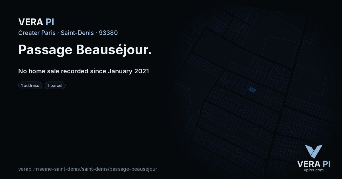 Passage Beauséjour, Saint-Denis at night – every parcel coloured by the prices around it, the street's own parcels lit