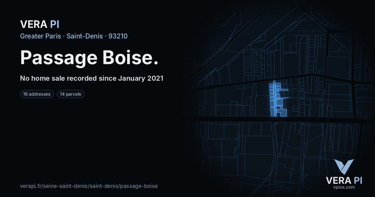 Passage Boise, Saint-Denis at night – every parcel coloured by the prices around it, the street's own parcels lit