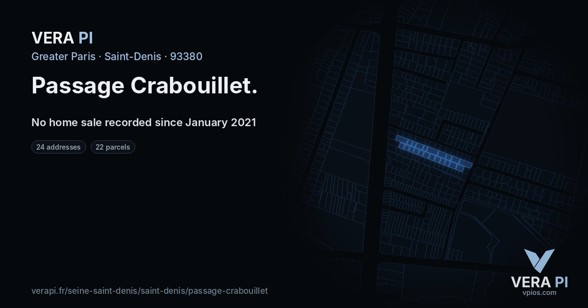 Passage Crabouillet, Saint-Denis at night – every parcel coloured by the prices around it, the street's own parcels lit