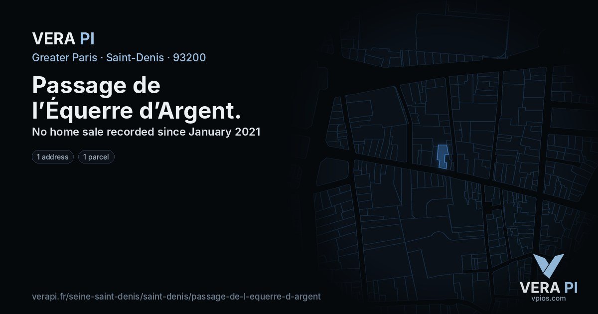 Passage de l’Équerre d’Argent, Saint-Denis at night – every parcel coloured by the prices around it, the street's own parcels lit