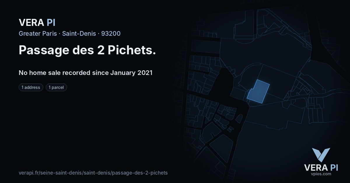 Passage des 2 Pichets, Saint-Denis at night – every parcel coloured by the prices around it, the street's own parcels lit
