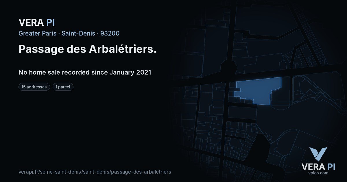Passage des Arbalétriers, Saint-Denis at night – every parcel coloured by the prices around it, the street's own parcels lit