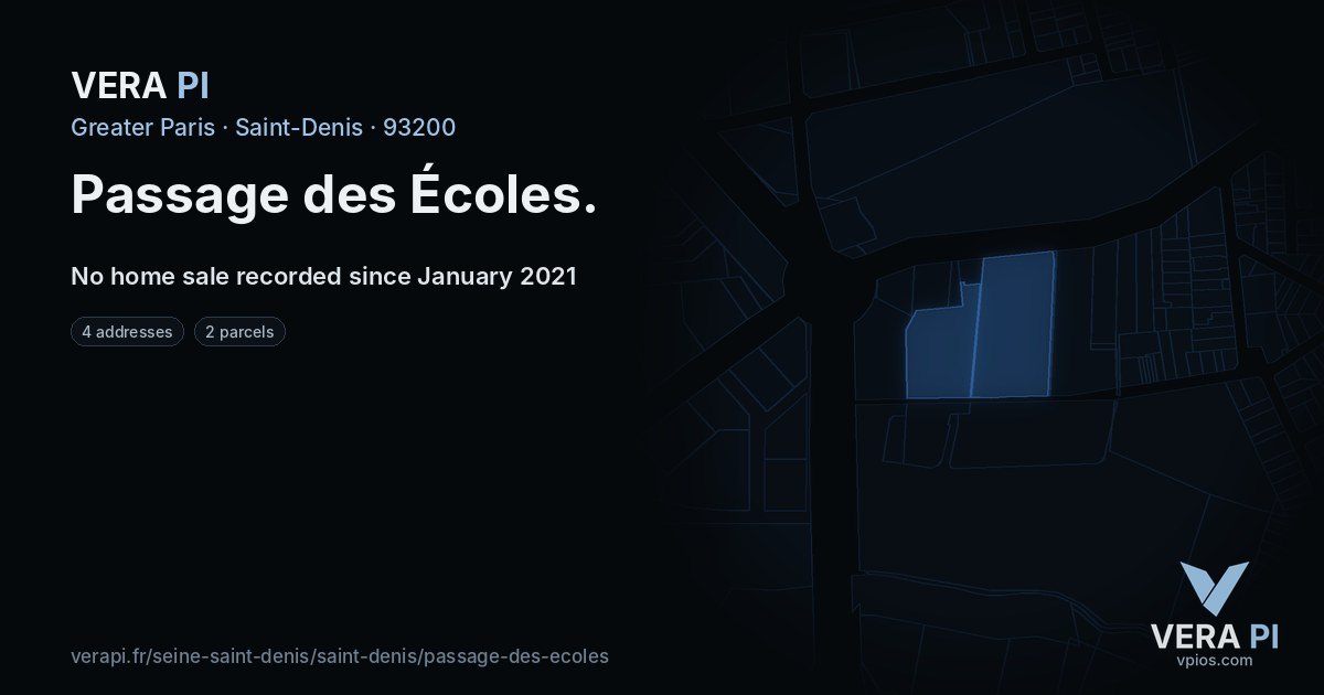 Passage des Écoles, Saint-Denis at night – every parcel coloured by the prices around it, the street's own parcels lit