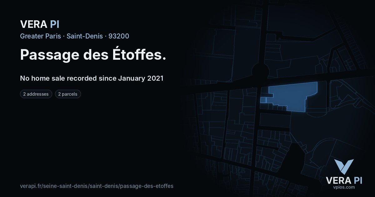 Passage des Étoffes, Saint-Denis at night – every parcel coloured by the prices around it, the street's own parcels lit