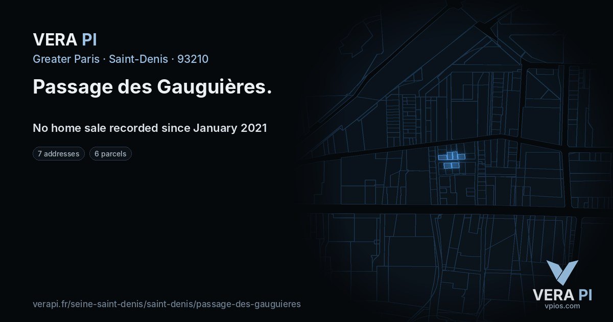 Passage des Gauguières, Saint-Denis at night – every parcel coloured by the prices around it, the street's own parcels lit