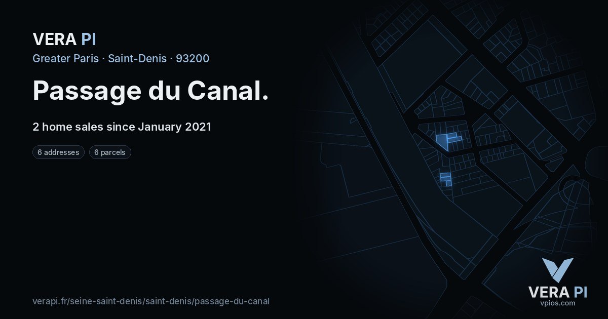 Passage du Canal, Saint-Denis at night – every parcel coloured by the prices around it, the street's own parcels lit