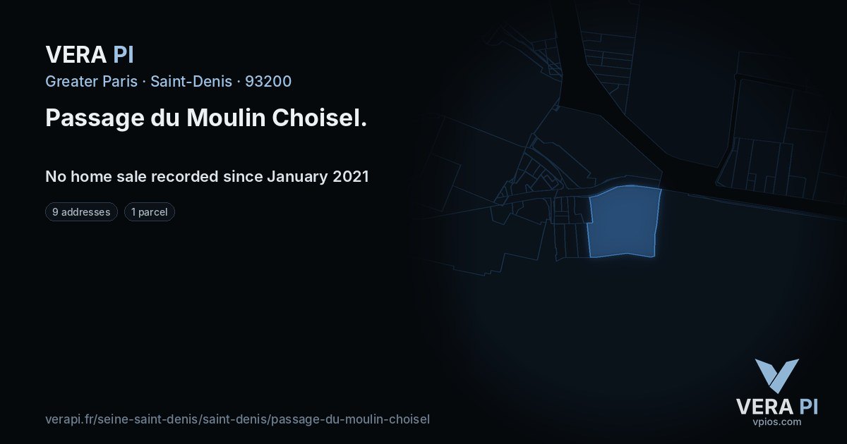 Passage du Moulin Choisel, Saint-Denis at night – every parcel coloured by the prices around it, the street's own parcels lit
