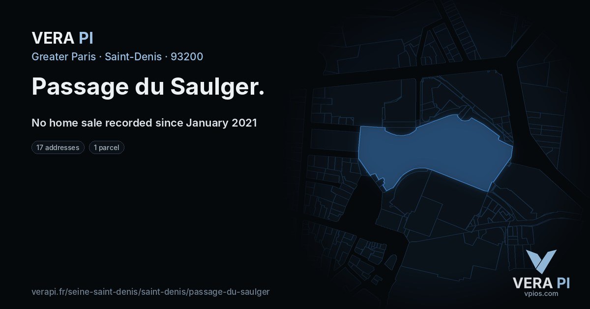 Passage du Saulger, Saint-Denis at night – every parcel coloured by the prices around it, the street's own parcels lit