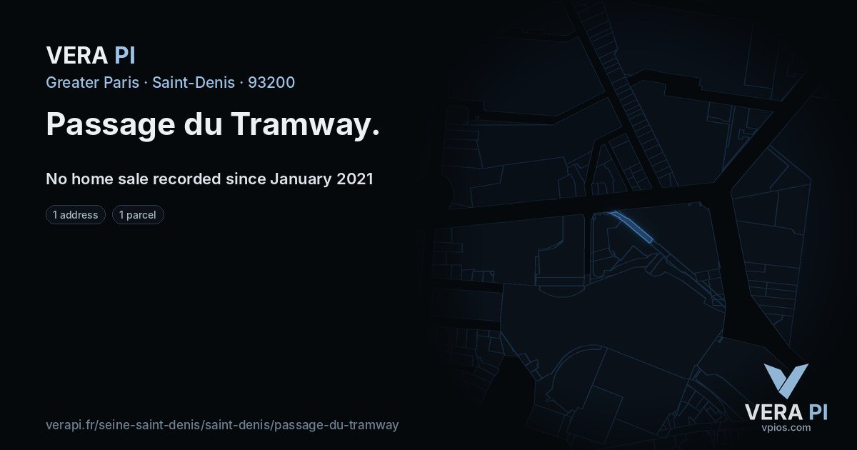 Passage du Tramway, Saint-Denis at night – every parcel coloured by the prices around it, the street's own parcels lit
