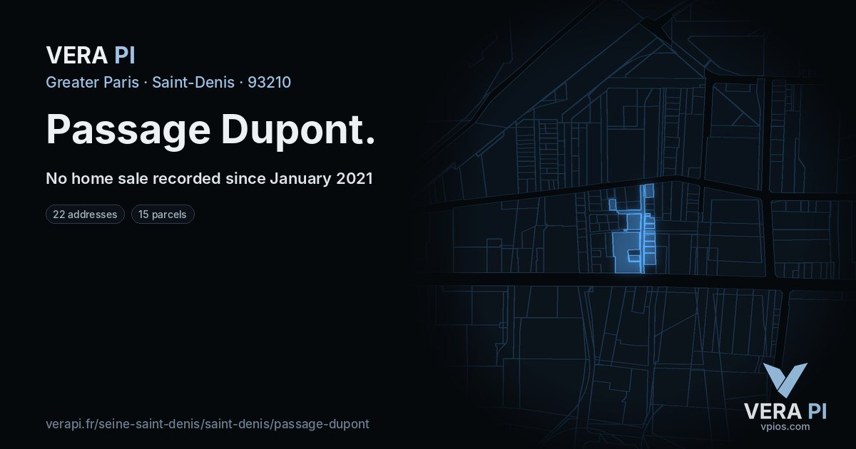 Passage Dupont, Saint-Denis at night – every parcel coloured by the prices around it, the street's own parcels lit